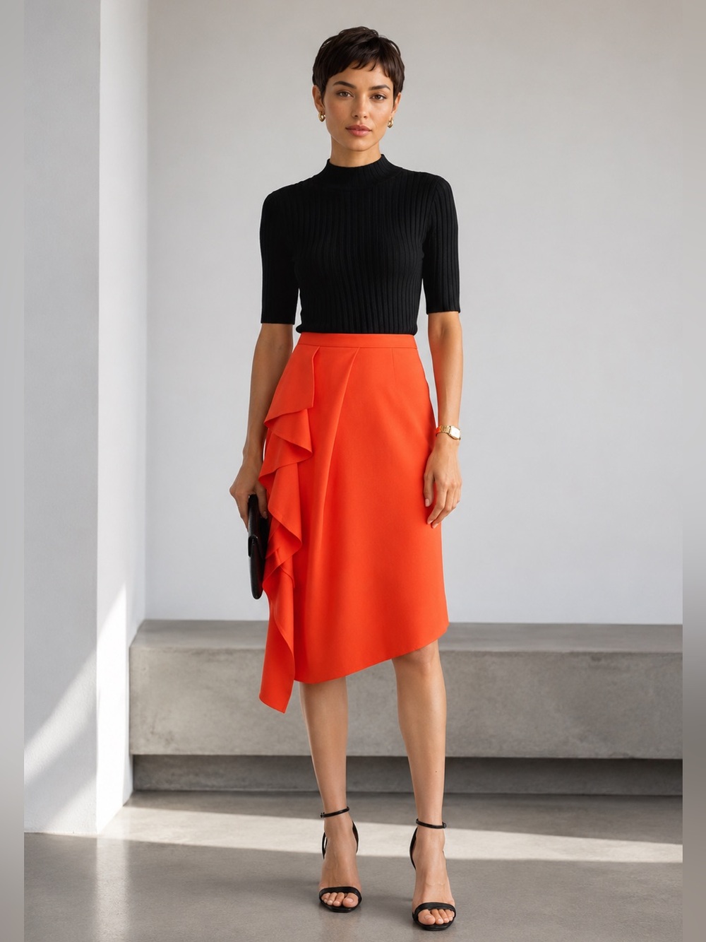 Reiss Womens Dita Waterfall Front Mandarin Bold Orange Draped Crepe Skirt Sz 6